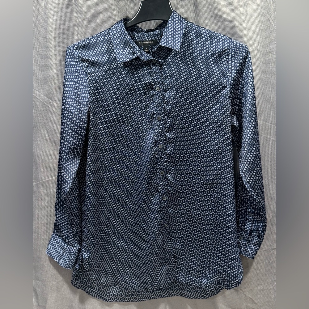 Banana Republic Satin Navy Polka Dot Button-Down Blouse
